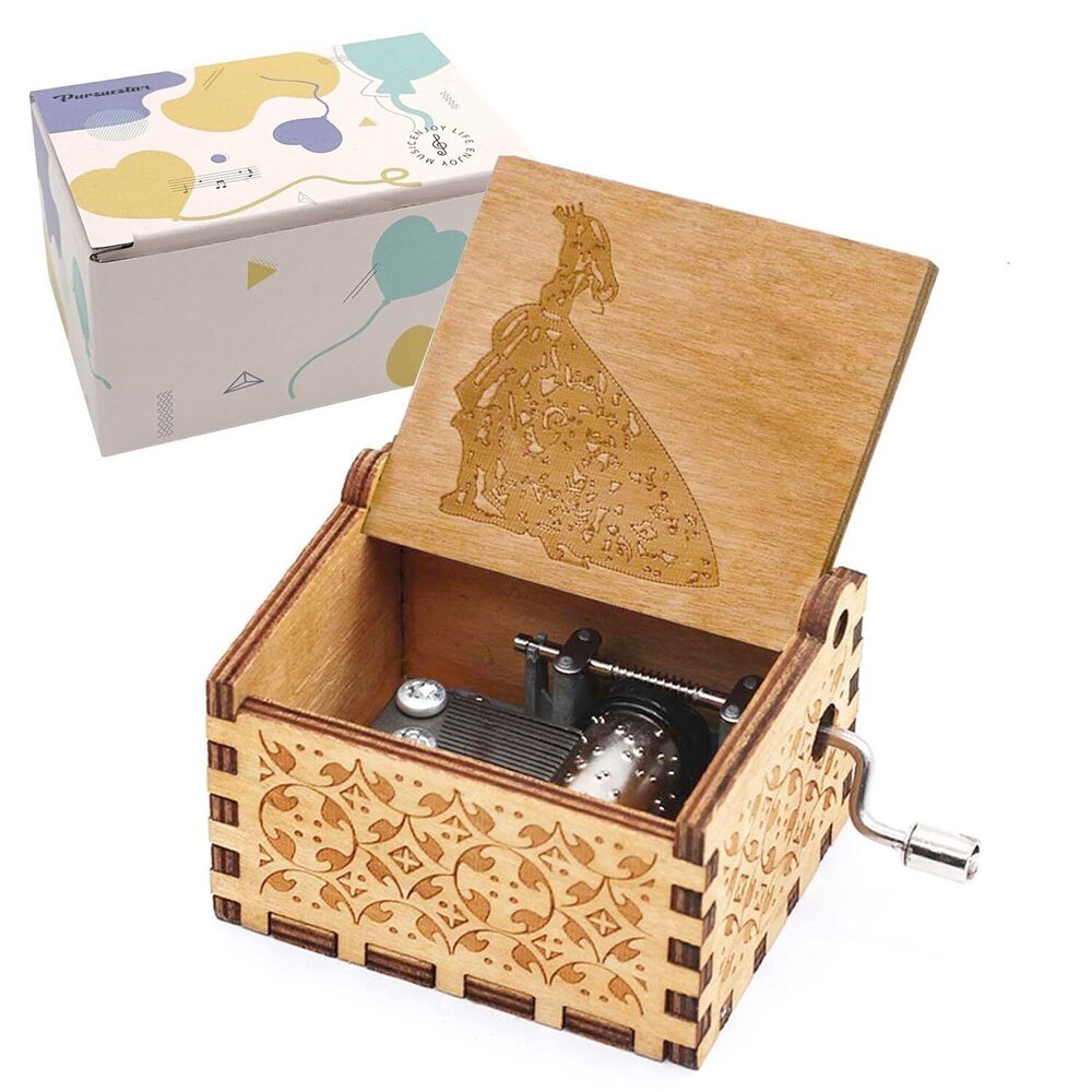 6913 Fur Elise Wooden Music Box, Hand Crank Engraved Vintage Wood Musical